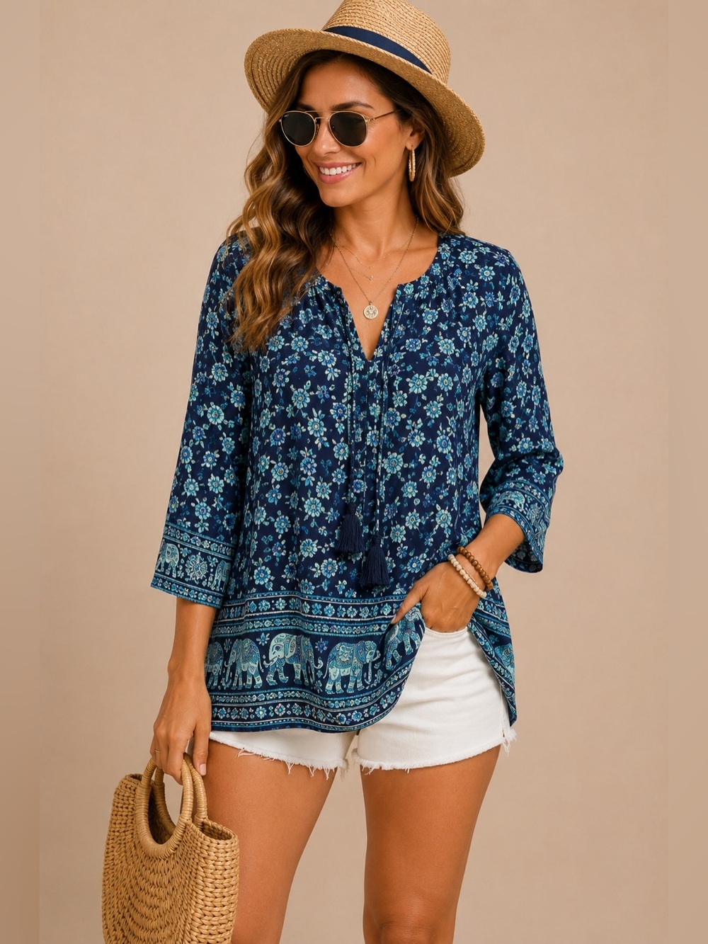 Blossom by P Blue Boho Floral Tunic Top Elephant Border Tassel Tie Size Medium M